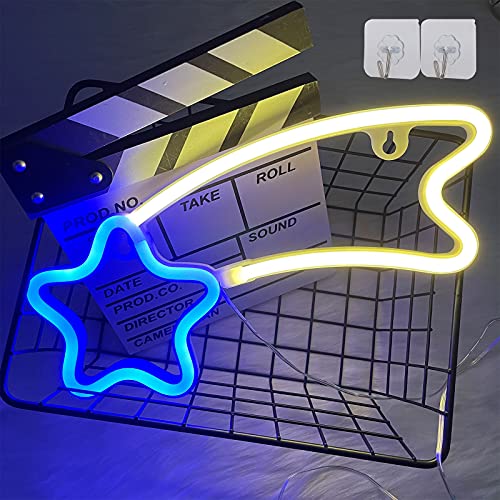 ENUOLI Two-Color Star Neon Signs USB/3-AA Battery Operated Neon Wall Lights LED Meteor Night Lights Neon Decorative Lights for Home Bedroom,Christmas,Birthday Party,Girls,Kids Room(Blue White Meteor)