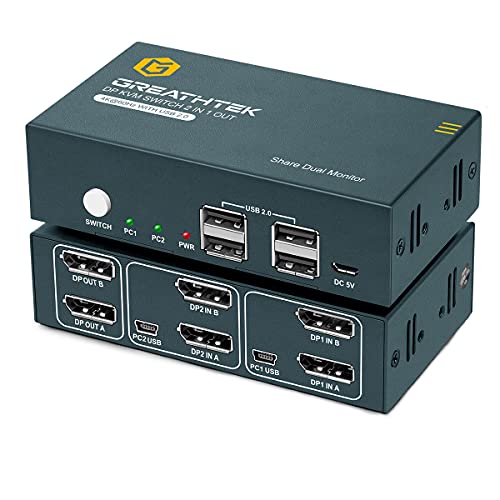 KVM Switch DP Displayport Dual Monitor Extended Display 2 Port, 4 USB 2.0 Hub, UHD 4K@60Hz YUV4:4:4 Downward Compatible,with All Needed Cables