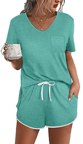 Aloodor Womens Summer Two Piece Outfits 2021 Shorts Sets Lake Green M