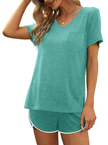 Aloodor Womens Summer Two Piece Outfits 2021 Shorts Sets Lake Green M | The Storepaperoomates Retail Market - Fast Affordable Shopping