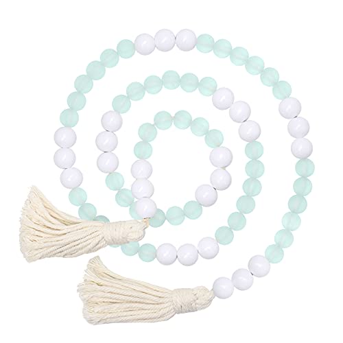 AceList Wood Beads Garland with Tassels, White Wooden Beads with Round Frosted Aqua Acrylic Beads, Boho Farmhouse Country Rustic Wall Hanging Rae Dunn Tiered Tray Coffee Summer Table Beach Decor