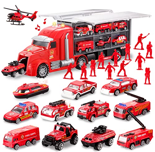 JOYIN 25 in 1 Die-cast Fire Truck Vehicle Toy Set with Sounds and Lights, Fire Engine Vehicles in Carrier Truck, Mini Rescue Emergency Fire Truck Car Toy, Birthday Gifts for Over 3 Years Old Boys