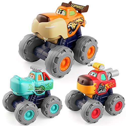 Coogam Friction Powered Cars 3PCS, Push and Go Construction Monster Vehicle Animal Trucks Toy Set, Gift for Birthday Baby Shower Xmas 123 Year Old Toddler Girls Boys