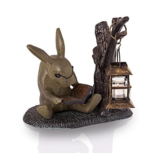 SPI Home Cast Aluminum Booklover Rabbit Garden Lantern Candle Holder Statue