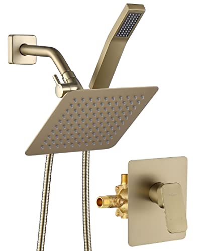 G-Promise All Metal Shower Faucet Set, Dual Square Shower Head System with Handheld Wand & Rainfall Showerhead, Diverter, Hose Complete Combo, Pressure Balance Rough-in Valve Included