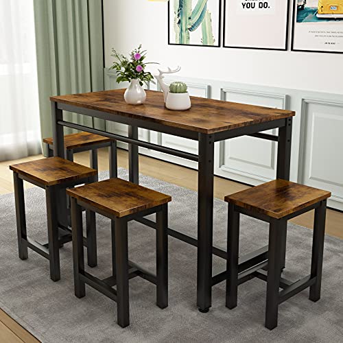 AWQM 5 Pcs Dining Table Set, Modern Bar Table Set with 4 Chairs, Home Kitchen Breakfast Table and Chairs Set Ideal for Pub, Living Room, Breakfast Nook, Easy to Assemble (Rustic Brown)