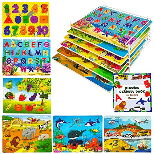 Wooden Puzzles for Toddlers 1-3 with Rack – 6 Pack Wooden Peg Puzzles and Storage Holder – Educational Learning Puzzles for Kids Ages 2-4 Boys and Girls – Alphabet Number Animal Vehicle Fruit Shape