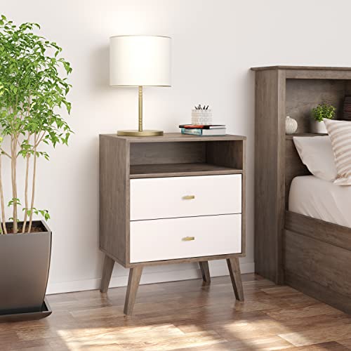 Prepac Milo 2-drawer Tall Nightstand with Open Shelf, Drifted Gray and White