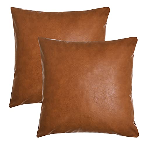 Tosewever Faux Leather Throw Pillow Covers, 18 x 18 inch Set of 2 Luxury Cognac Brown Modern Pillowcases Solid Decorative Square Cushion Cases for Bedroom Living Room Couch Bed Sofa (Brown, 18″ x 18″)
