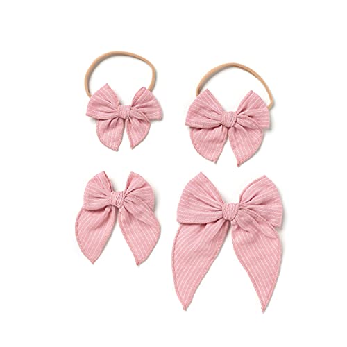 Little Poppy Co Bows, Handmade Claire Bow, Linen Stripe (Baby Pink, Original Clip)