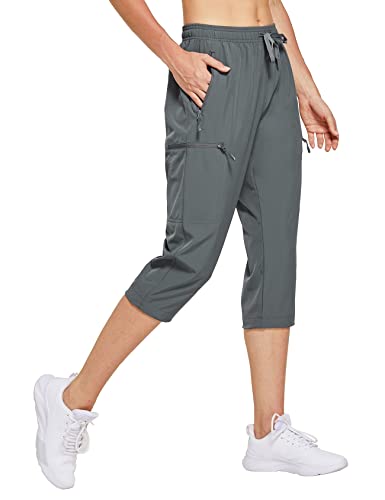 FitsT4 Women’s Lightweight Hiking Capri Cargo Cropped Pants Quick Dry UPF 50+ Jogger with Zipper Pockets Gray Size XXL