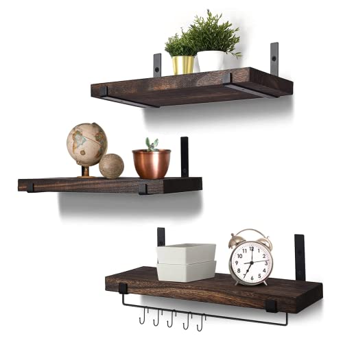 iPeTata Floating Shelves, Wall Mounted Rustic Wood Wall Storage Shelves for Bathroom, Bedroom, Kitchen, Living Room, Office and Coffee Bar Wine Bar, with Towel Bar and 5 Hooks, Set of 3 (Brown)