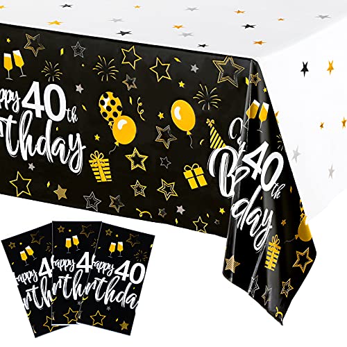3 Pieces Happy Birthday Table Cover Party Decorations, Large Black and Gold Rectangular Table Cover for Birthday Anniversary Theme Party Supplies, 54 x 108 Inch (40 Years Old Style)