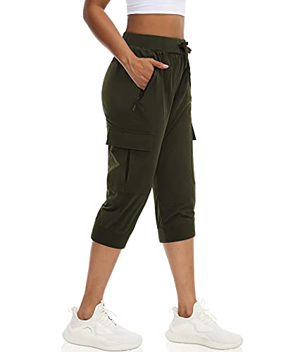DIBAOLONG Womens Hiking Capri Pants Lightweight Quick Dry Cargo Joggers Athletic Workout Sweatpants Zipper Pockets Army Green L