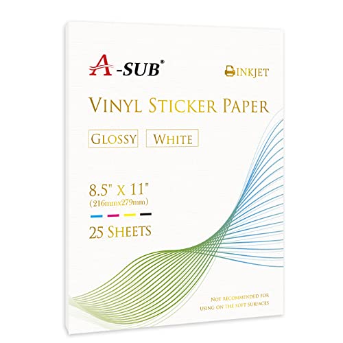 A-SUB 25 Sheets Vinyl Sticker Paper for Inkjet Printer – Glossy Printable Vinyl 8.5×11 Inch Waterproof Sticker Paper for DIY Any Decal You Like
