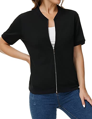KANCY KOLE Women’s Stand Collar Zip up Short Sleeve Hoodies Jacket Sweatshirts with Pockets(L,Black
