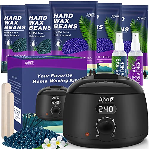 Waxing Kit- Anruz Women Men Wax Kit for Hair Removal – For Sensitive Skin, Eyebrows, Brazilian, Face, Bikini – Home Use Digital Wax Warmer with 5 Bags Hard Wax Beads (17.5 oz. total)