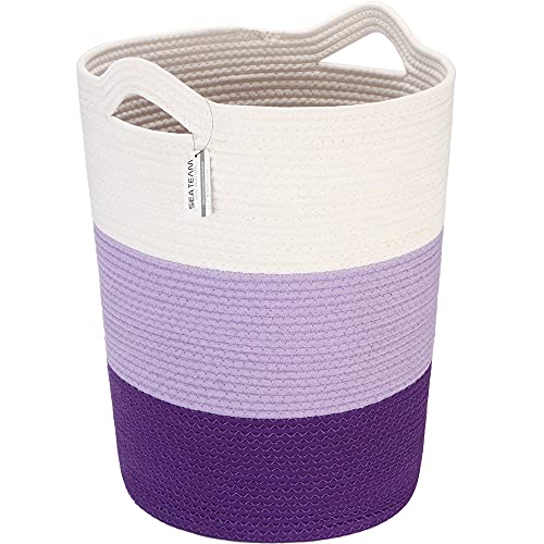Sea Team Large Size Cotton Rope Woven Storage Basket with Handles, Laundry Hamper, Fabric Bucket, Drum, Clothes Toys Organizer for Kid’s Room, 20 x 14 inches, Round Open Design, White & Purple
