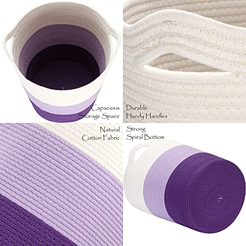 Sea Team Large Size Cotton Rope Woven Storage Basket with Handles, Laundry Hamper, Fabric Bucket, Drum, Clothes Toys Organizer for Kid’s Room, 20 x 14 inches, Round Open Design, White & Purple | The Storepaperoomates Retail Market - Fast Affordable Shopping