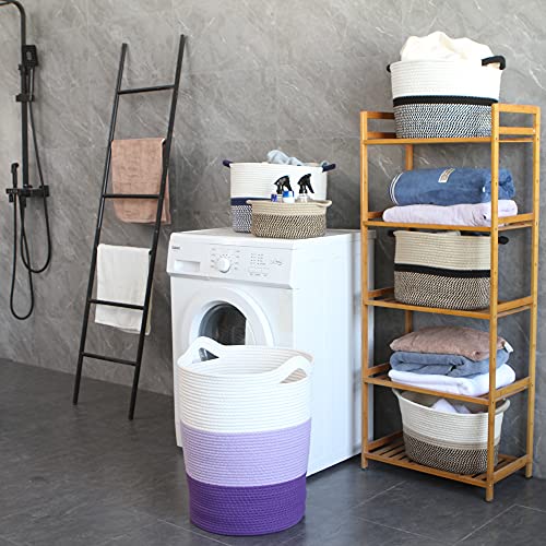 Sea Team Large Size Cotton Rope Woven Storage Basket with Handles, Laundry Hamper, Fabric Bucket, Drum, Clothes Toys Organizer for Kid’s Room, 20 x 14 inches, Round Open Design, White & Purple | The Storepaperoomates Retail Market - Fast Affordable Shopping