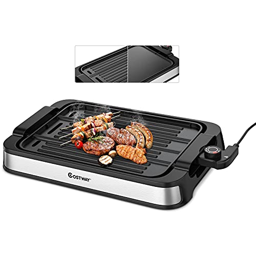 COSTWAY 2-in-1 Smokeless Indoor Grill, 1500W Electric Griddle w/ Non-stick Reversible Cooking Plate, Large Drip Tray, Temperature Control, Dishwasher-safe