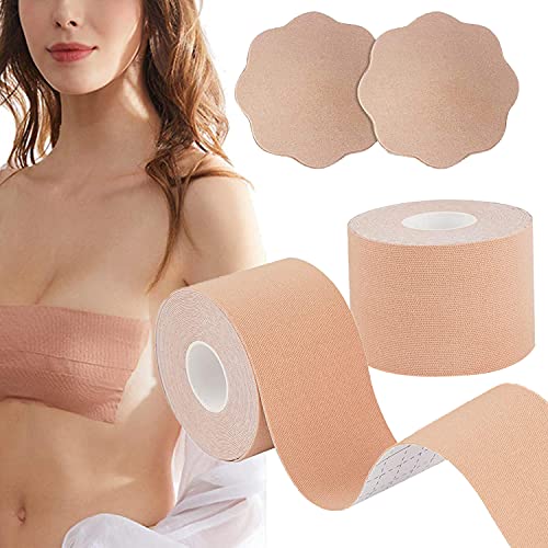 Breast Lift Tape for Large Breasts(2 Packs), Kinesiology Recovery Tapes Breathable Chest Support Tape for A-Dd and E Cup Big Size, Athletic Tape Body Tape with 2pcs Reusable Nipple Cover Adhesive Bra