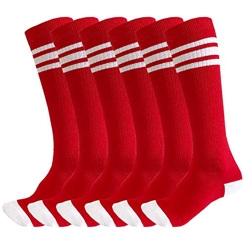 3 Pairs of juDanzy Knee High Boys or Girls Stripe Tube Socks for Soccer, Basketball, Uniform and Everyday Wear (10-15 Years, Red With White Stripes (3 Pairs)