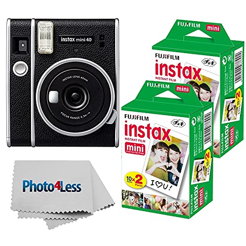 Fujifilm Instax Mini 40 Instant Camera Black+ Fujifilm Instax Mini Twin Pack Instant Film 2 Packs (Total 40 Sheets)- Instant Camera Great Value Bundle!