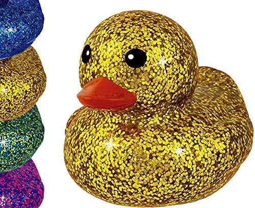 Glitter Rubber Ducks Metallic Colors 3″ (1 Unit Assorted) Rubber Duckies Fidget Toy for Kids, Sensory Play, Stress Relief, Stocking Stuffers, Supplies Pinata Filler in Bulk. Plus Sticker. 4343-1