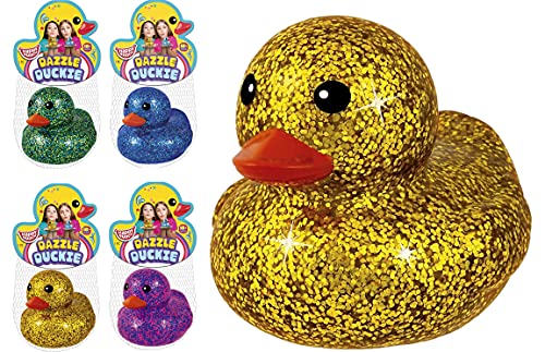 Glitter Rubber Ducks Metallic Colors 3″ (4 Unit Assorted) Rubber Duckies Fidget Toy for Kids, Sensory Play, Stress Relief, Stocking Stuffers, Supplies Pinata Filler in Bulk. Plus Sticker. 4343-4s
