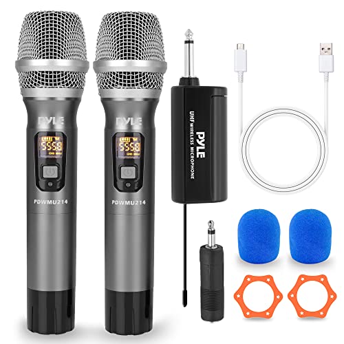 Pyle UHF Wireless Microphone System Kit – Dual Professional Battery Operated Handheld Dynamic Unidirectional Cordless Microphone Transmitter Set w/Adapter Receiver – PA Karaoke DJ Party PDWMU214
