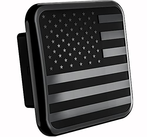 American Black Metal Flag Trailer Hitch Cover – Patriotic Flag Plug (Black, Fits 2” Receivers)