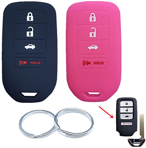 RUNZUIE 2Pcs 4 Buttons Silicone Smart Remote Keyless Entry Key Fob Cover Shell Compatible with 2013-2021 Honda Accord EX EX-L Touring Civic CRV HRV 216J-HK1310A ACJ932HK1310A Black Hot Pink