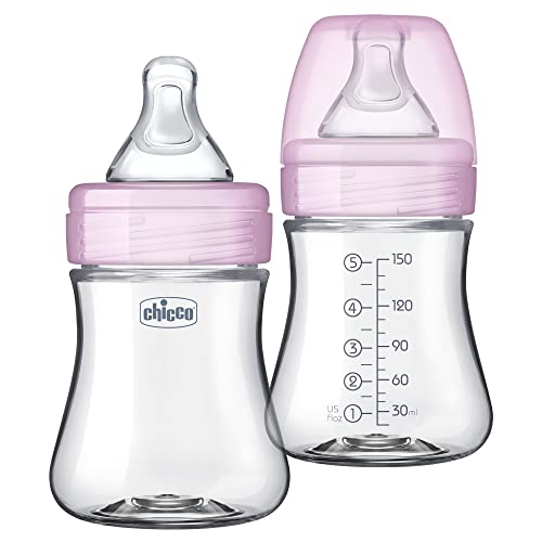 Chicco Duo 5oz. Hybrid Baby Bottle with Invinci-Glass Inside/Plastic Outside 2-Pack with Slow Flow Anti-Colic Nipple – Pink