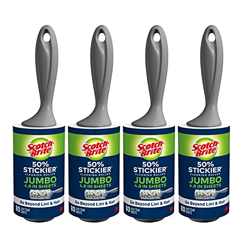 Scotch-Brite 50% Stickier Jumbo Surface Lint Roller, 4 Rollers, 80 Sheets Per Roller, 320 Sheets Total