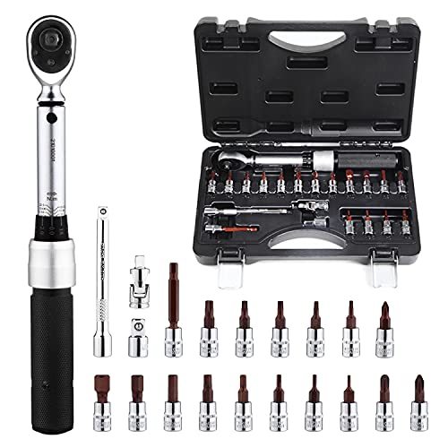 DeShan 1/4 Inch Drive Click Torque Wrench Set,Dual-Direction Adjustable 72-tooth Torque Wrench with Buckle, with 3/8”Adapterwith Sockets (Black)