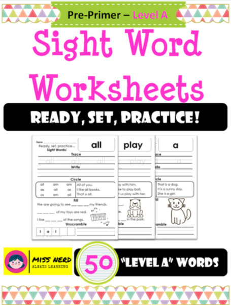 50 Sight Word Worksheets (Pre-Primer – Level A)