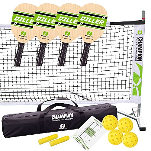 Champion Portable Pickleball Net Set with Family Friendly Beginner Diller Paddles (4 Wood Paddles, 4 Pickleballs, 2 Line Chalk, Rules/Strategy Guide)
