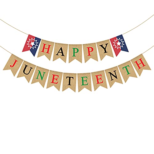 Pudodo Jute Burlap Happy Juneteenth Banner Africa American Independence Day Mantle Fireplace Decoration