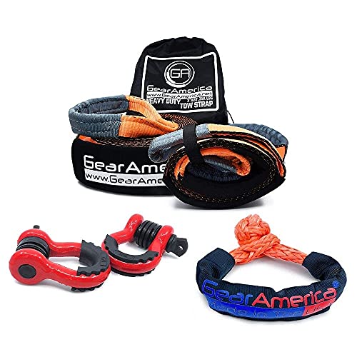 GearAmerica Bundle Tow Strap 3″ x20′ + Tree Saver Winch Strap 3″ x8′ 35,000 lb Strength + 2PK D Ring Shackles Red 58,000 lbs Strength + ½” Synthetic Soft Shackle 45,000 lbs Strength – Made in USA