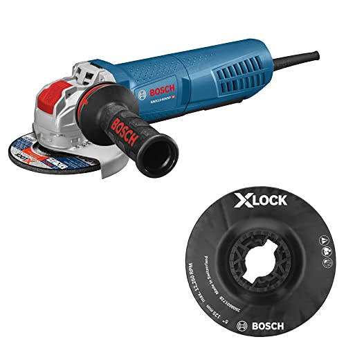 Bosch GWX13-50VSP 5 In. X-LOCK Variable-Speed Angle Grinder with Paddle Switch with Bosch MGX0500 5 In. X-LOCK Backing Pad with X-LOCK Clip – Medium Hardness