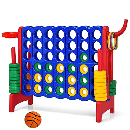 Costzon Giant 4-in-A-Row, Jumbo 4-to-Score Giant Game w/Basketball Hoop, Ring Toss, Quick-Release Slider, 42 Jumbo Rings, Indoor Outdoor Family Connect Game for Kids & Adults, Backyard Games, Red