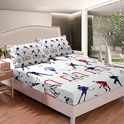 Feelyou Ice Hockey Fitted Sheet Kids Sports Event Bedding Set Hockey Player Bed Sheet Set for Boys Room Decor Lightweight Bed Cover Full Size with 2 Pillow Case