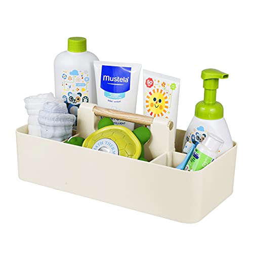 Baby Shower Caddy Plastic Nursery Portable Storage Organizer Caddy Tote for Child/Kids, Divided Basket Bin with Wood Handle for Bathroom, Dorm Room, Holds Hand Soap, Bottles, Spoons (Beige)