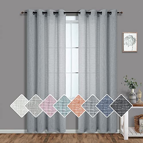 Grey White Sheer Curtains 96 Inches Long for Living Room 2 Panels Grommet Opaque Faux Linen Gray Light Filtering Curtains for Patio Door Dining Family Study Classroom Home Office Window 52×96 Length