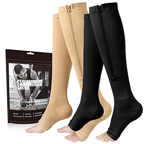 cerpite Zipper Compression Socks, 2 Pairs Open Toe Compression Stockings for Men Women (Black/Nude – Compression Socks, Large-X-Large)