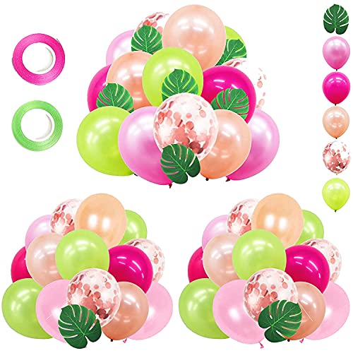 Hawaiian Luau Tropical Party Decorations Balloon Kit – 68pcs Green Pink Rose Gold Balloons with Palm Leaves for Hawaiian Luau Party Supplies, Aloha Flamingo Two Wild Birthday Decorations for Girl