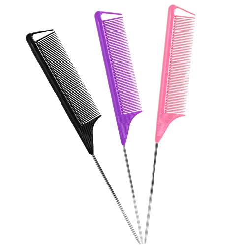 Rat Tail Combs Parting Comb: 3Pcs Rat Tail Comb Set, Long Steel Pin Rat Tail Teasing Comb, Hair Combs for Salon Hair Stylist, Tail Combs Metal ,Parting Combs for Women(Purple|Black|Pink)