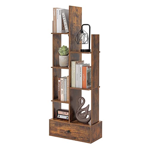 WEENFON Unique Bookcase with 1 Large Drawer, Tree-Shaped Bookshelf with 7 Storage Shelves, Open Standing Bookshelf for Bedroom, Living Room, Office, Rustic Brown