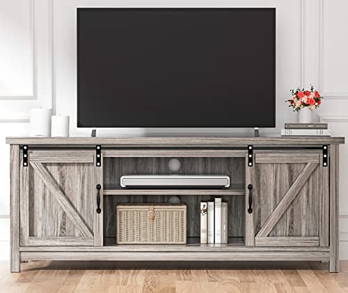 Catrimown Farmhouse TV Stand for 65 Inch TV, Grey TV Stand with Sliding Barn Door Entertainment Center, Rustic TV Stand with for 65+ Inch TV Media Console Stand for TV’s up to 65″, Rustic Gray Wash